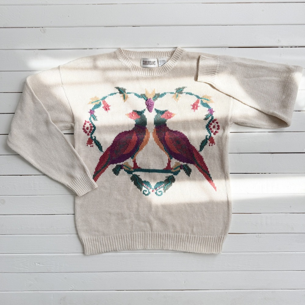 vtg Suburbans cream pheasant bird cotton sweater size M
